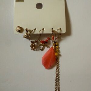 Gold-Tone Tropical Feather Hoop Earring Set in Coral and Yellow